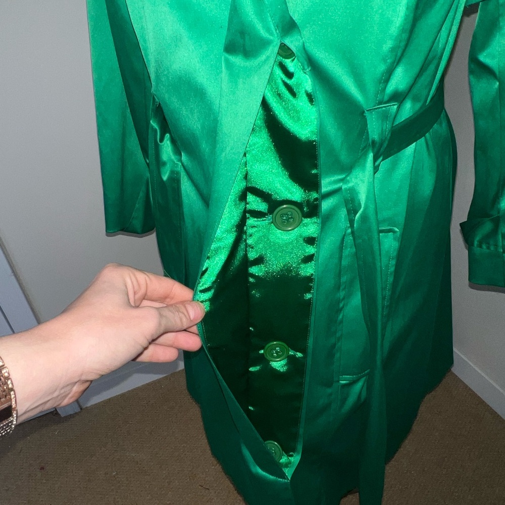 NY Collection Emerald Green Satin Trench Coat - Picture 4 of 7